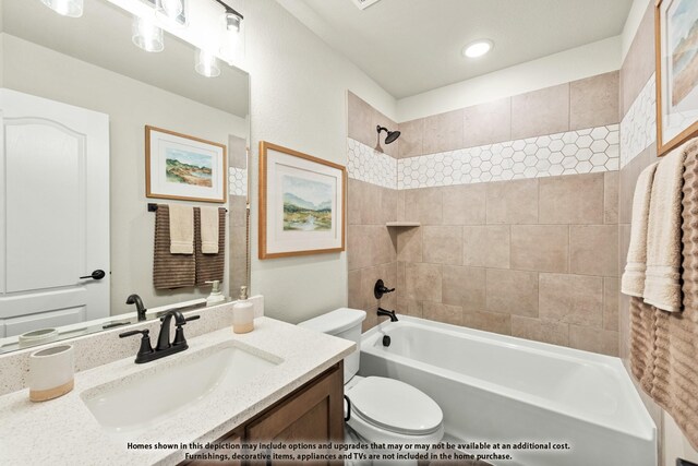 full bathroom featuring shower / bath combination, vanity, recessed lighting, and toilet