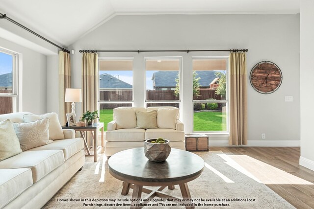 living room with baseboards, vaulted ceiling, and wood finished floors