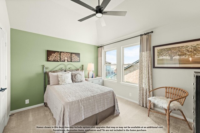 bedroom with baseboards, ceiling fan, carpet flooring, and high vaulted ceiling