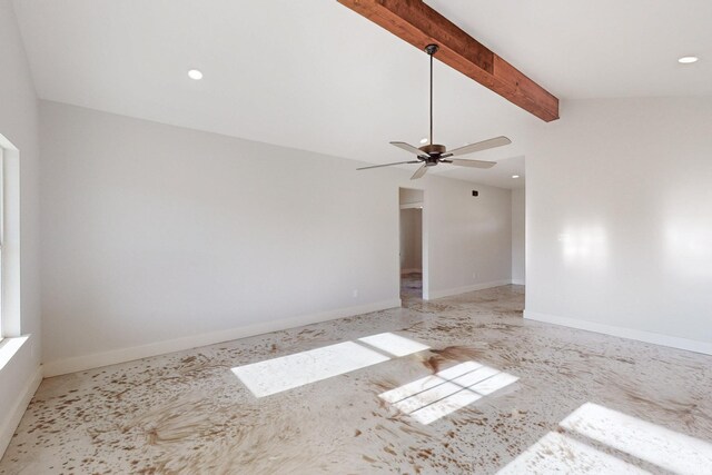 empty room featuring vaulted ceiling with beams, recessed lighting, baseboards, and ceiling fan