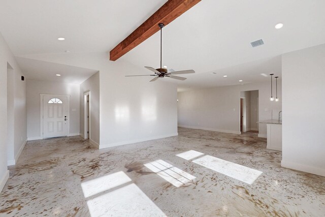 unfurnished living room with visible vents, a ceiling fan, baseboards, recessed lighting, and lofted ceiling with beams