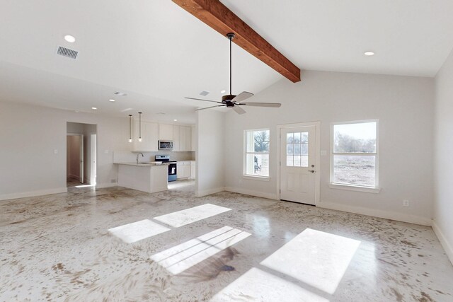 unfurnished living room featuring a ceiling fan, visible vents, a sink, baseboards, and lofted ceiling with beams
