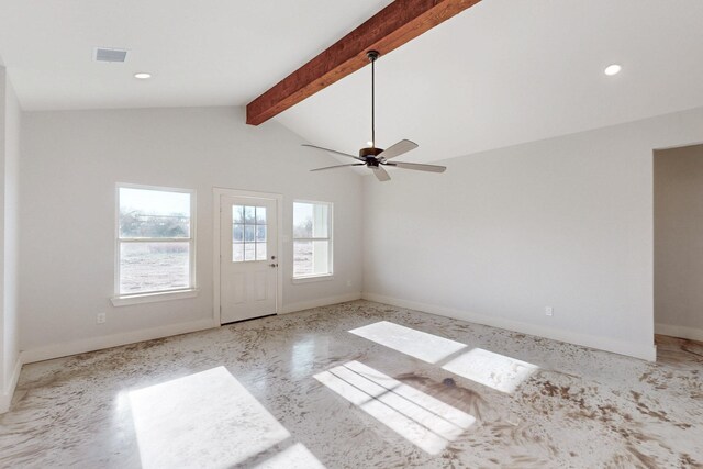 interior space with visible vents, a ceiling fan, baseboards, recessed lighting, and lofted ceiling with beams