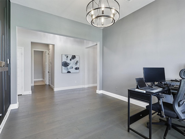 3222 Roy Alton, Melissa, TX 75454 - office area featuring baseboards, a notable chandelier, and dark wood-style floors