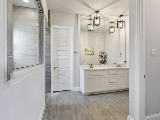 3222 Roy Alton, Melissa, TX 75454 - bathroom with a sink, double vanity, baseboards, wood finished floors, and tiled shower