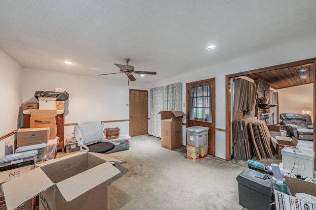 home office featuring ceiling fan, carpet flooring, and recessed lighting