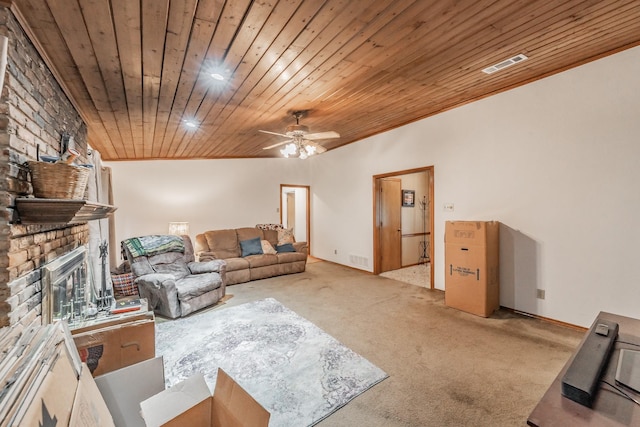 living room featuring a ceiling fan, visible vents, wooden ceiling, carpet flooring, and recessed lighting