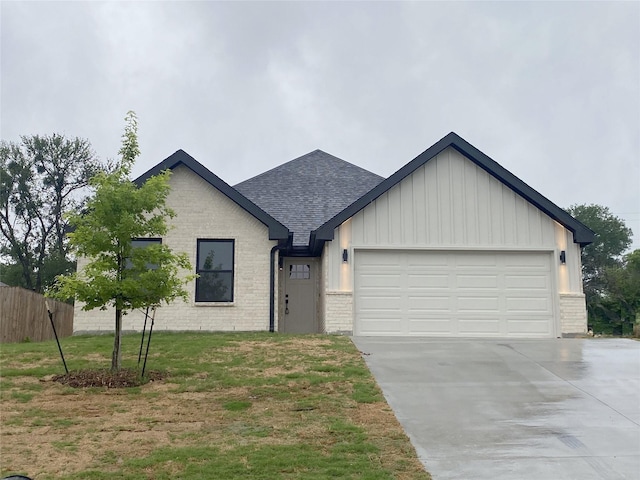 ranch-style home with a garage, brick siding, fence, concrete driveway, and a shingled roof