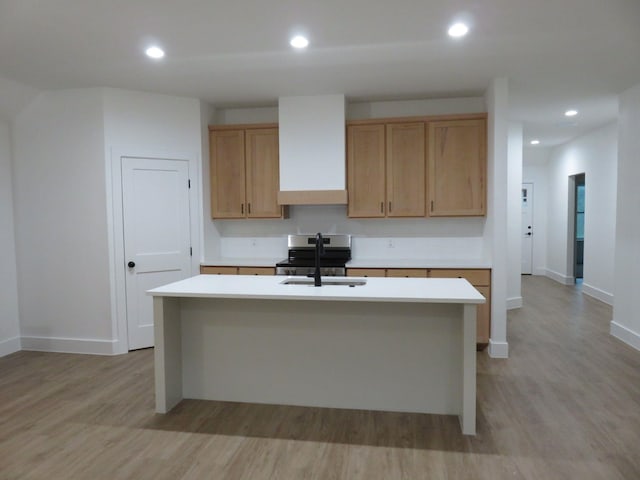 kitchen with baseboards, an island with sink, light countertops, a sink, and light wood finished floors