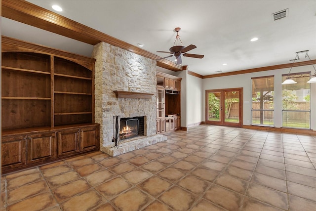 unfurnished living room featuring ceiling fan, visible vents, crown molding, a fireplace, and recessed lighting