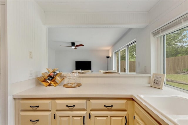 kitchen featuring light countertops, a ceiling fan, and a sink