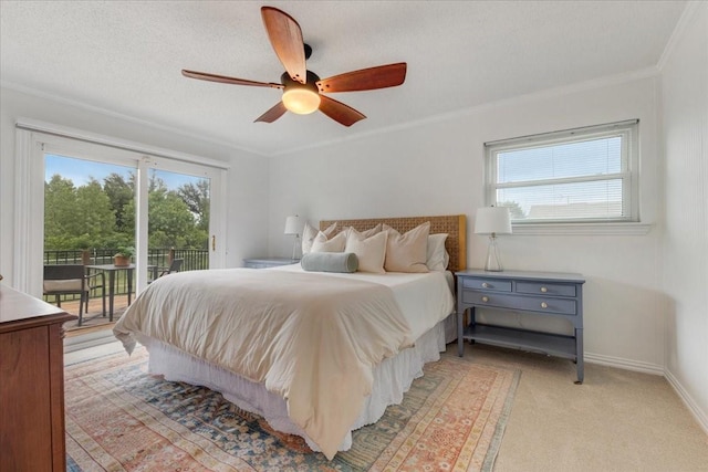 bedroom with crown molding, baseboards, multiple windows, and access to exterior