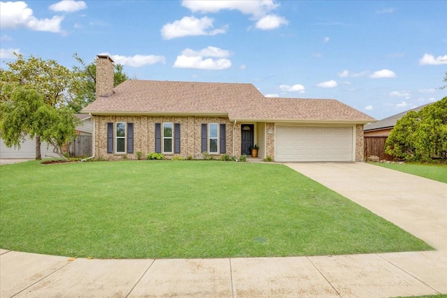 ranch-style house with a garage, fence, a chimney, and a front yard