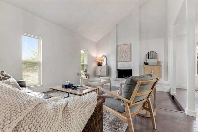living room with baseboards, high vaulted ceiling, wood finished floors, and a fireplace