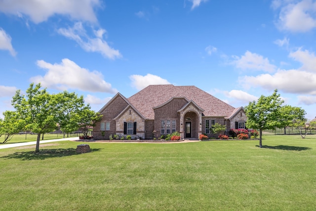 french country home featuring brick siding, a front lawn, fence, and stone siding
