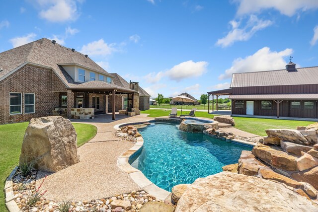 view of swimming pool with a lawn, a patio, a gazebo, and a pool with connected hot tub