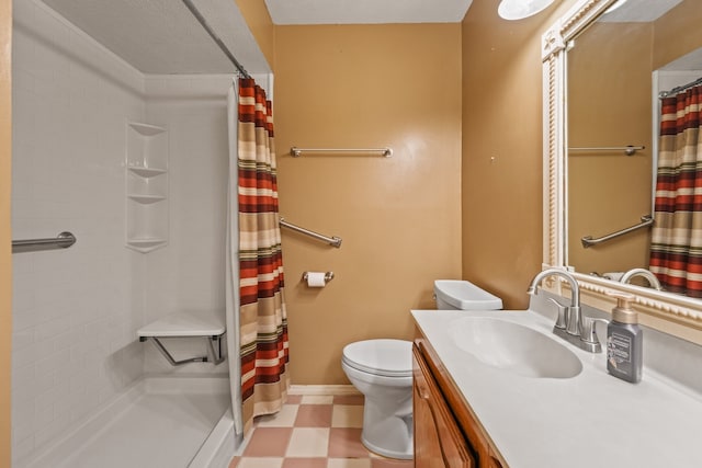 2609 Kimberly Dr, Garland, TX 75040 - full bath featuring vanity, toilet, baseboards, tile patterned floors, and a shower with curtain