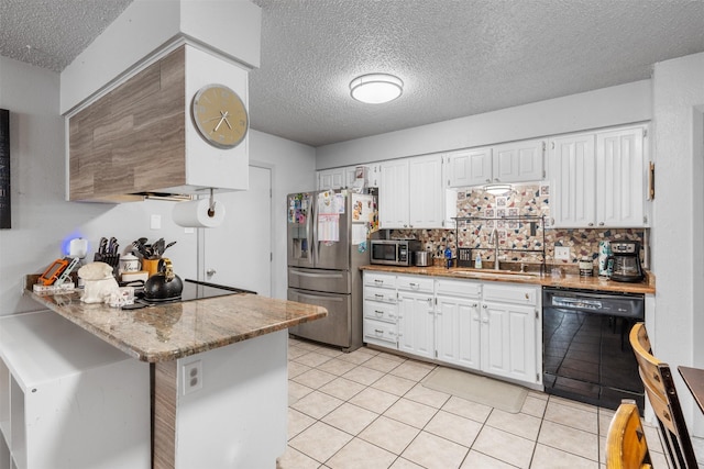4212 Selina Ct, Arlington, TX 76016 - kitchen with black appliances, a textured ceiling, white cabinetry, and a sink