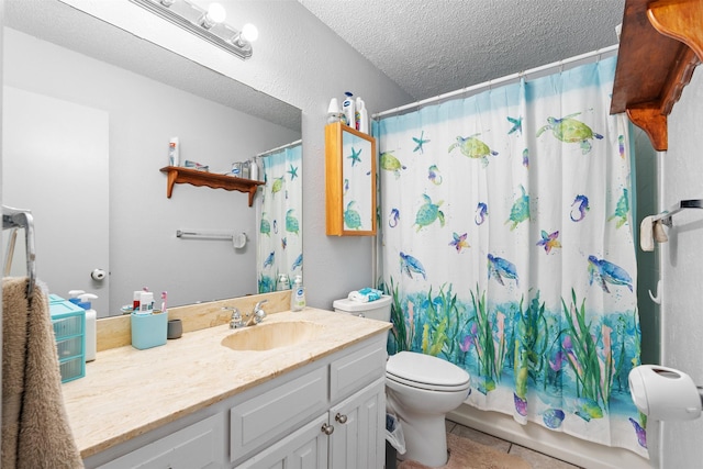 4212 Selina Ct, Arlington, TX 76016 - full bathroom featuring a textured ceiling, vanity, toilet, tile patterned floors, and shower / bathtub combination with curtain