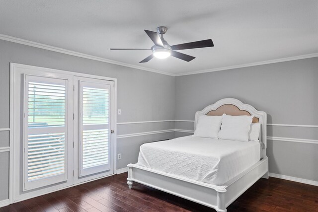 bedroom featuring access to outside, ornamental molding, baseboards, and wood-type flooring