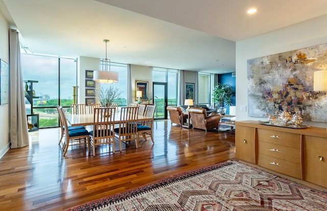 dining area featuring a wall of windows, wood finished floors, and a healthy amount of sunlight