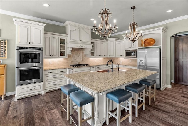 8230 County Road 530, Mansfield, TX 76063 - kitchen featuring open shelves, a sink, appliances with stainless steel finishes, and ornamental molding