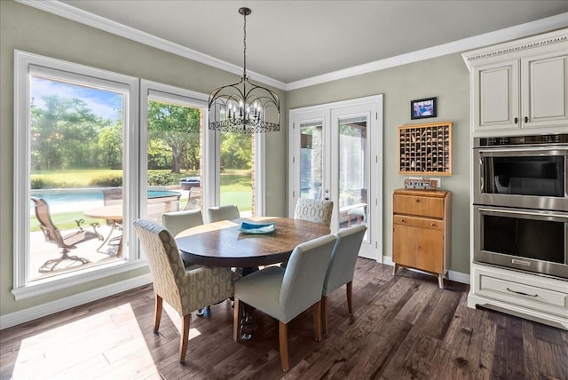 8230 County Road 530, Mansfield, TX 76063 - dining area featuring an inviting chandelier, ornamental molding, plenty of natural light, and dark wood-style floors