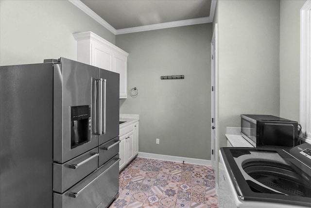 8230 County Road 530, Mansfield, TX 76063 - kitchen with high end fridge, light countertops, white cabinetry, baseboards, and ornamental molding