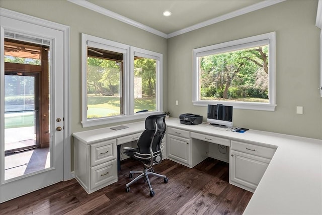 8230 County Road 530, Mansfield, TX 76063 - office featuring recessed lighting, ornamental molding, built in desk, and dark wood-style floors