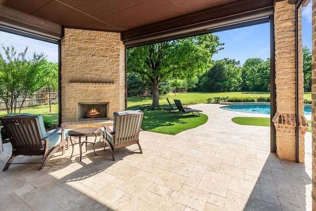 8230 County Road 530, Mansfield, TX 76063 - view of patio with an outdoor stone fireplace, fence, and an outdoor pool