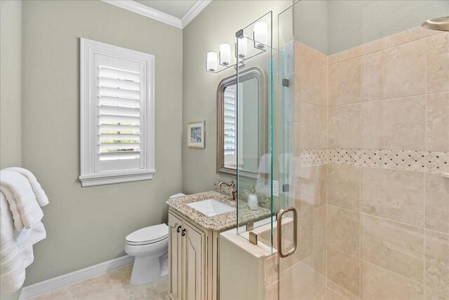 8230 County Road 530, Mansfield, TX 76063 - bathroom featuring crown molding, vanity, toilet, baseboards, and a stall shower