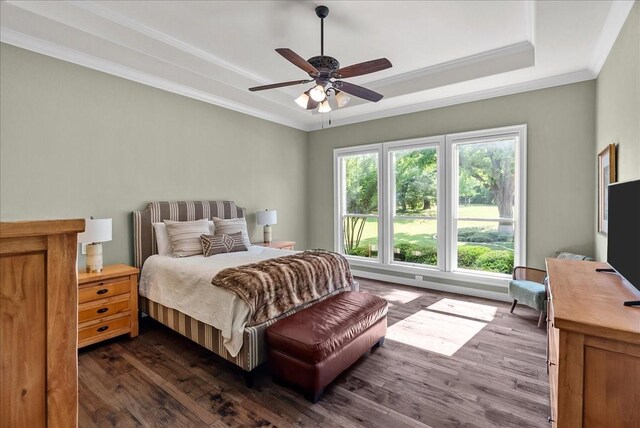 8230 County Road 530, Mansfield, TX 76063 - bedroom with crown molding, a ceiling fan, dark wood-style flooring, and a tray ceiling