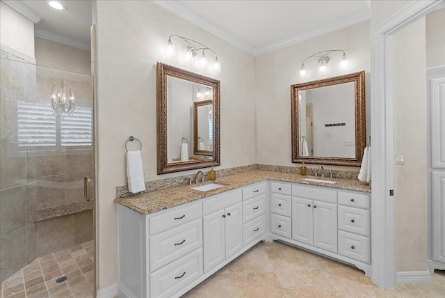 8230 County Road 530, Mansfield, TX 76063 - bathroom with crown molding, a sink, double vanity, and a shower stall
