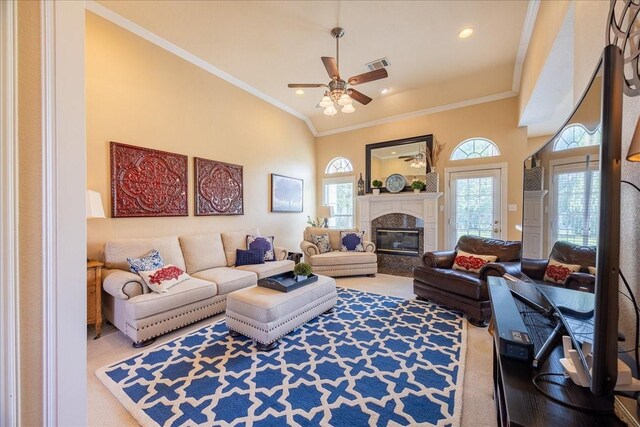 265 Old Spanish Trl, Valley View, TX 76272 - living room featuring visible vents, ornamental molding, carpet floors, a fireplace, and ceiling fan