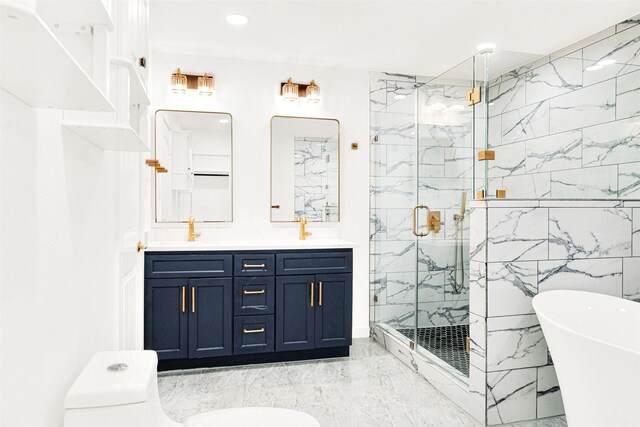 full bathroom featuring double vanity, marble finish floor, a freestanding bath, a sink, and a marble finish shower