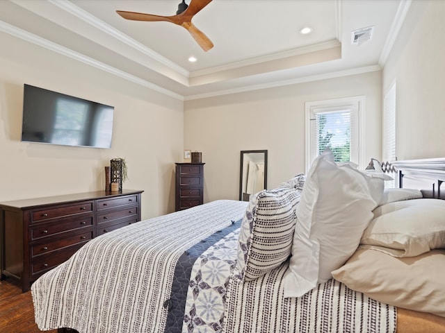 10 Tennis Village Dr, Heath, TX 75032 - bedroom featuring a raised ceiling, dark wood-style flooring, ornamental molding, recessed lighting, and ceiling fan