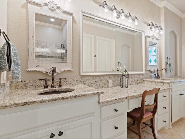 10 Tennis Village Dr, Heath, TX 75032 - bathroom featuring ornamental molding, double vanity, tile patterned flooring, and a tile shower