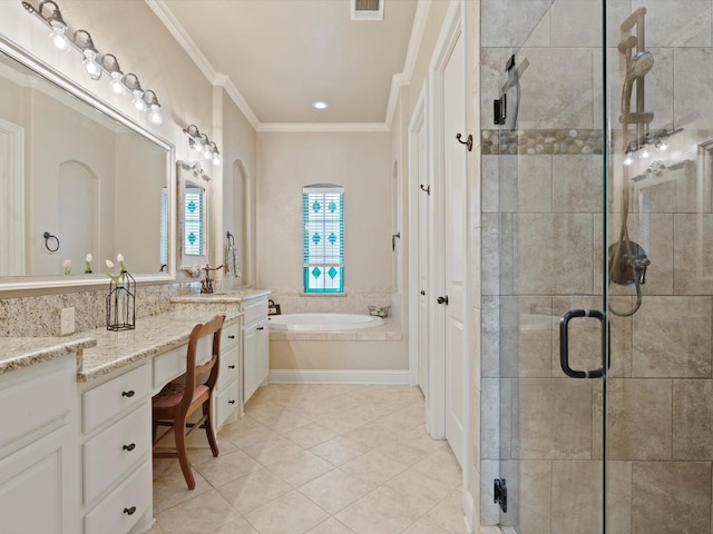 10 Tennis Village Dr, Heath, TX 75032 - bathroom featuring a stall shower, a bath, crown molding, double vanity, and tile patterned flooring
