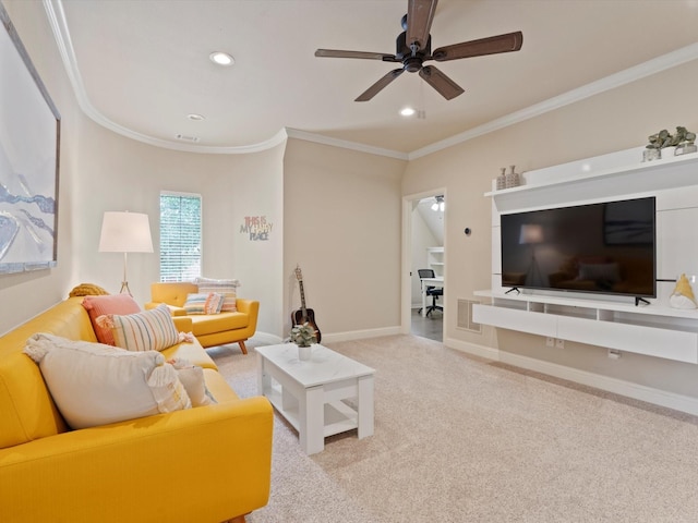 10 Tennis Village Dr, Heath, TX 75032 - carpeted living room with ceiling fan, ornamental molding, recessed lighting, and baseboards