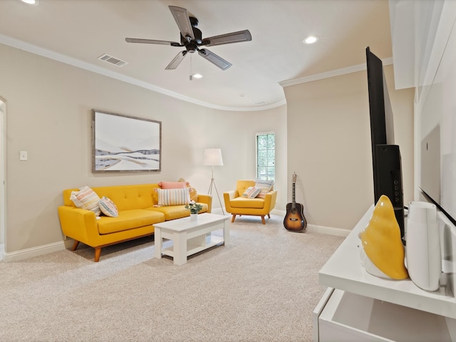 10 Tennis Village Dr, Heath, TX 75032 - living area featuring carpet, baseboards, ornamental molding, recessed lighting, and a ceiling fan