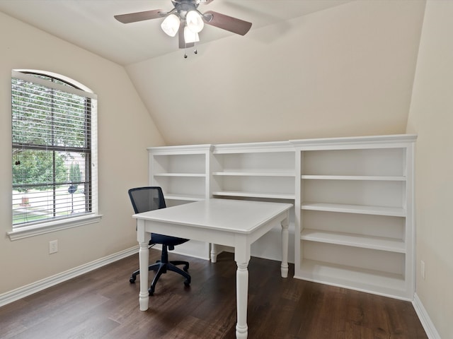 10 Tennis Village Dr, Heath, TX 75032 - office area with healthy amount of natural light, dark wood-style floors, lofted ceiling, baseboards, and a ceiling fan