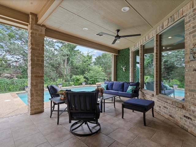 10 Tennis Village Dr, Heath, TX 75032 - view of patio featuring outdoor lounge area, an outdoor pool, ceiling fan, and view of scattered trees