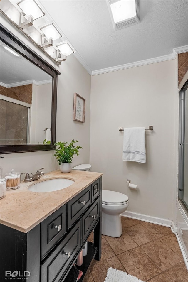 284 Settlers Park Dr, Shreveport, LA 71115 - bathroom with crown molding, toilet, a shower with shower door, and vanity