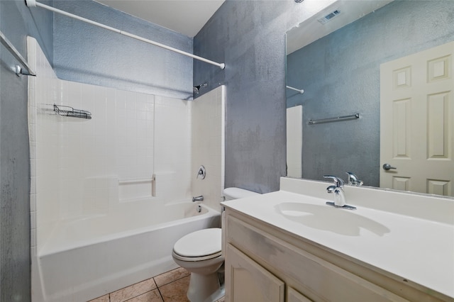 bathroom with tile patterned flooring, bathtub / shower combination, vanity, toilet, and a textured wall