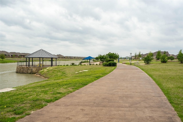 view of community featuring a lawn and a gazebo