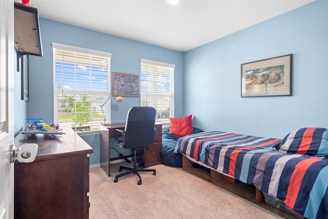 bedroom featuring baseboards, multiple windows, and light carpet