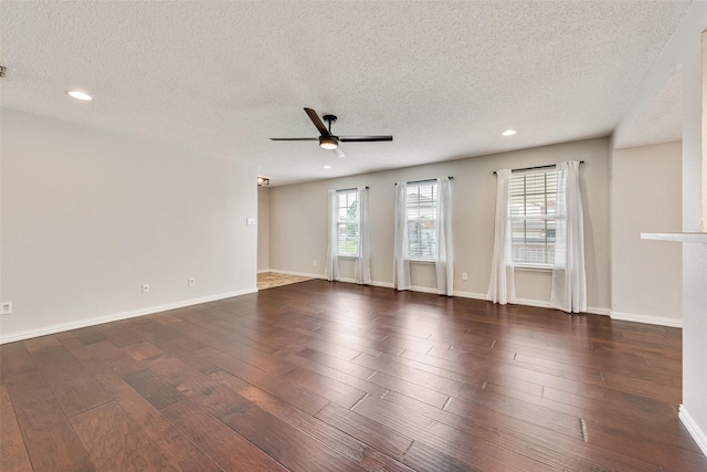 unfurnished room featuring recessed lighting, a textured ceiling, ceiling fan, and dark wood finished floors