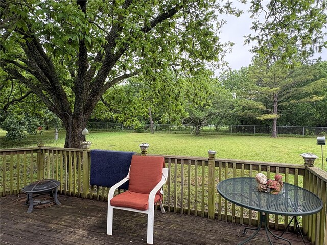 deck with a lawn, a fenced backyard, and an outdoor fire pit