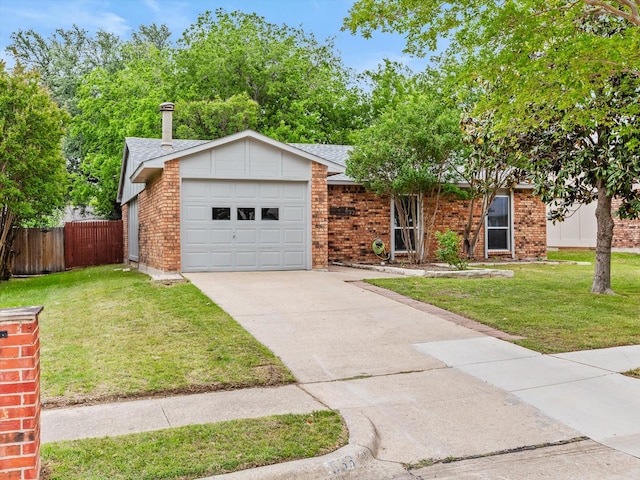 single story home featuring a garage, fence, concrete driveway, and a front yard