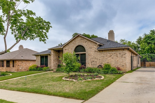 ranch-style home featuring brick siding, a gate, a chimney, and a front yard